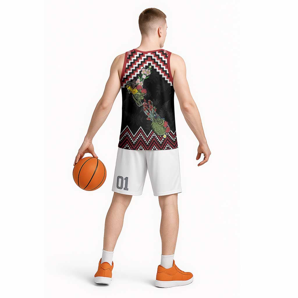 New Zealand Christmas Taniko Poutama Basketball Jersey Flora Map with Birds - Aussie Hoodie