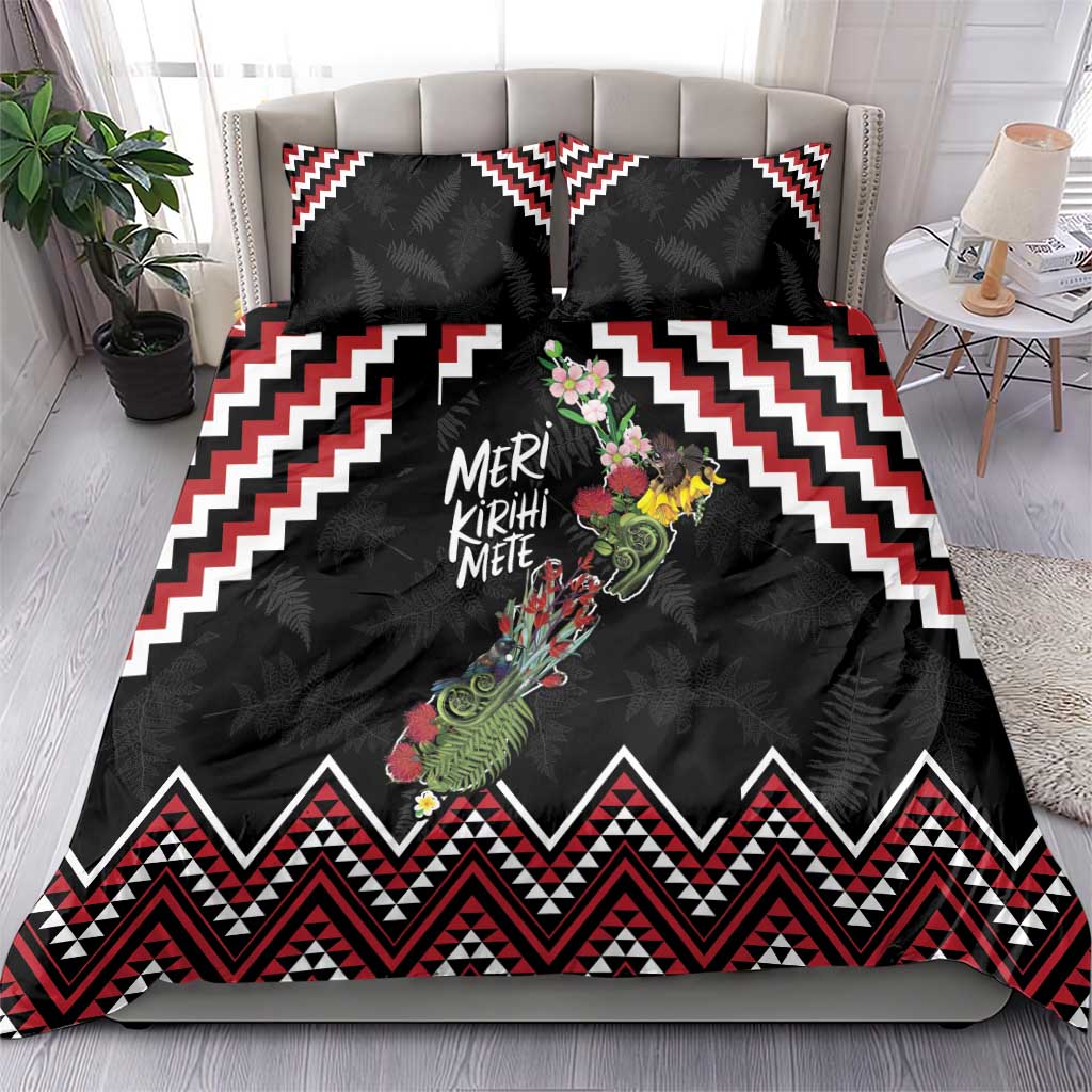 New Zealand Christmas Taniko Poutama Bedding Set Flora Map with Birds - Aussie Hoodie