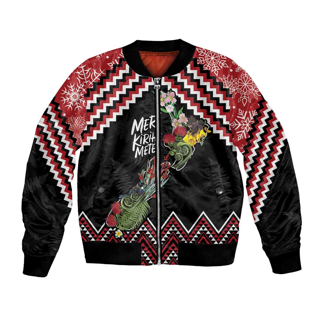 New Zealand Christmas Taniko Poutama Bomber Jacket Flora Map with Birds - Aussie Hoodie