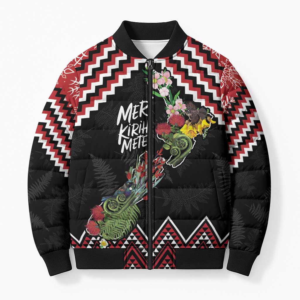 New Zealand Christmas Taniko Poutama Bomber Puffer Jacket Flora Map with Birds - Aussie Hoodie