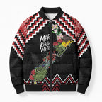 New Zealand Christmas Taniko Poutama Bomber Puffer Jacket Flora Map with Birds - Aussie Hoodie