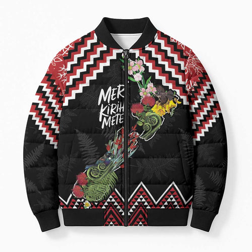 New Zealand Christmas Taniko Poutama Bomber Puffer Jacket Flora Map with Birds - Aussie Hoodie