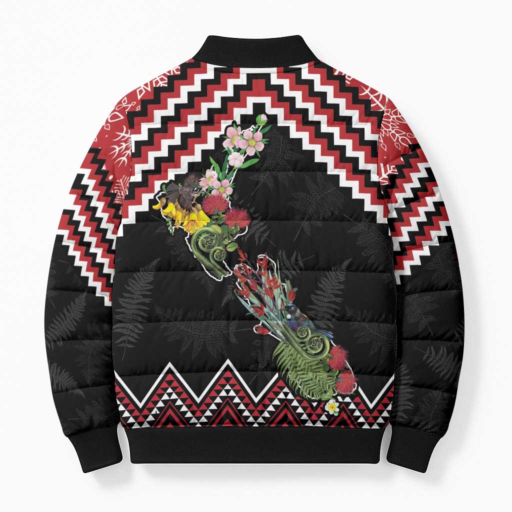 New Zealand Christmas Taniko Poutama Bomber Puffer Jacket Flora Map with Birds - Aussie Hoodie