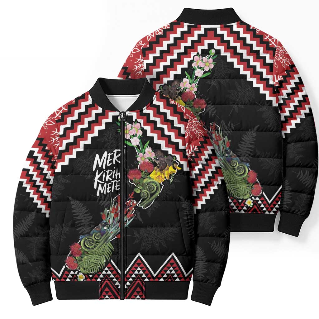 New Zealand Christmas Taniko Poutama Bomber Puffer Jacket Flora Map with Birds - Aussie Hoodie