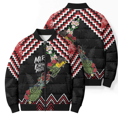New Zealand Christmas Taniko Poutama Bomber Puffer Jacket Flora Map with Birds - Aussie Hoodie
