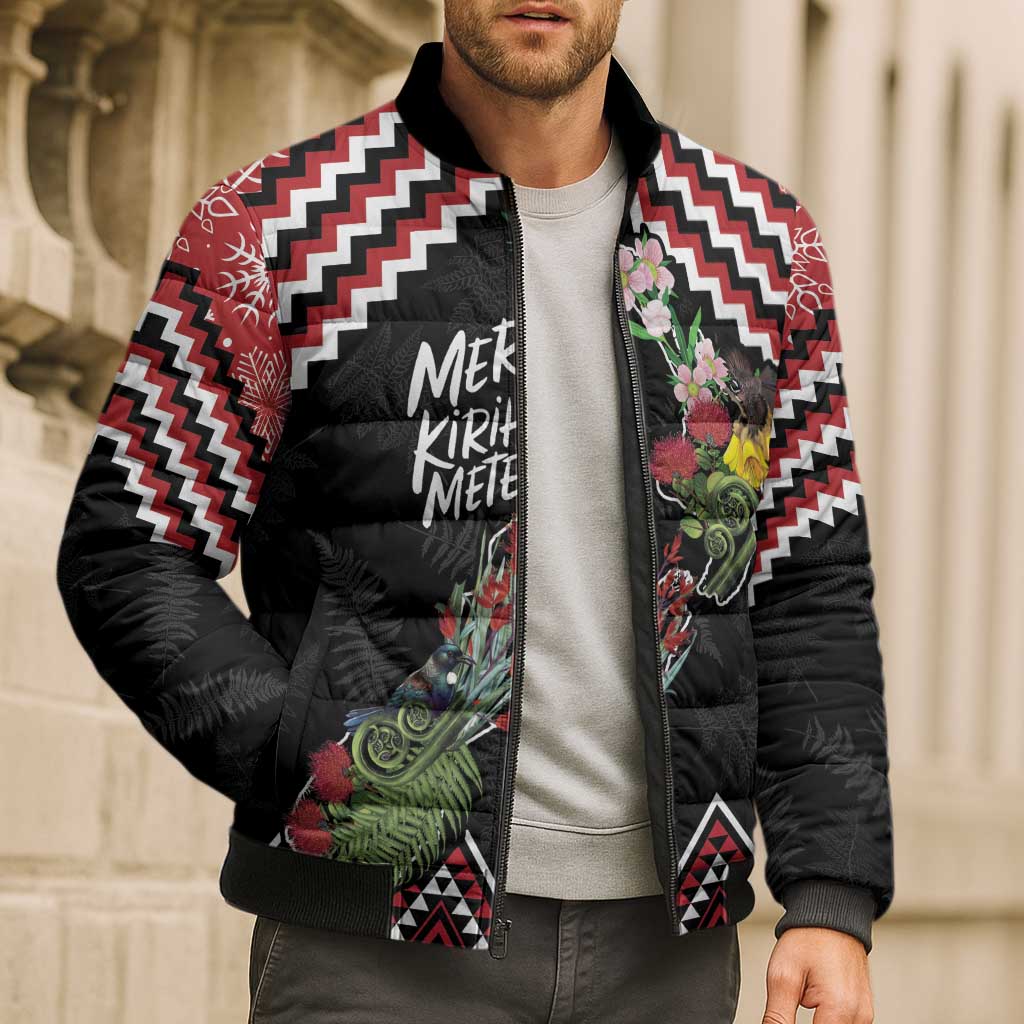 New Zealand Christmas Taniko Poutama Bomber Puffer Jacket Flora Map with Birds - Aussie Hoodie