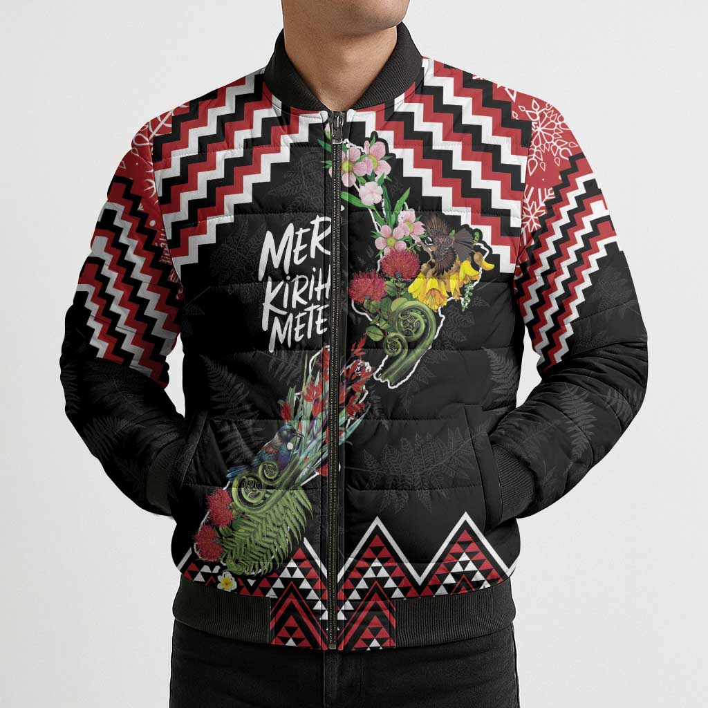 New Zealand Christmas Taniko Poutama Bomber Puffer Jacket Flora Map with Birds - Aussie Hoodie