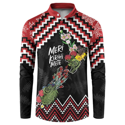 New Zealand Christmas Taniko Poutama Button Sweatshirt Flora Map with Birds - Aussie Hoodie