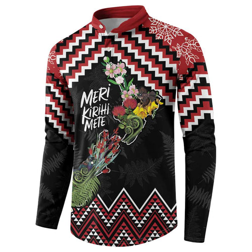 New Zealand Christmas Taniko Poutama Button Sweatshirt Flora Map with Birds - Aussie Hoodie