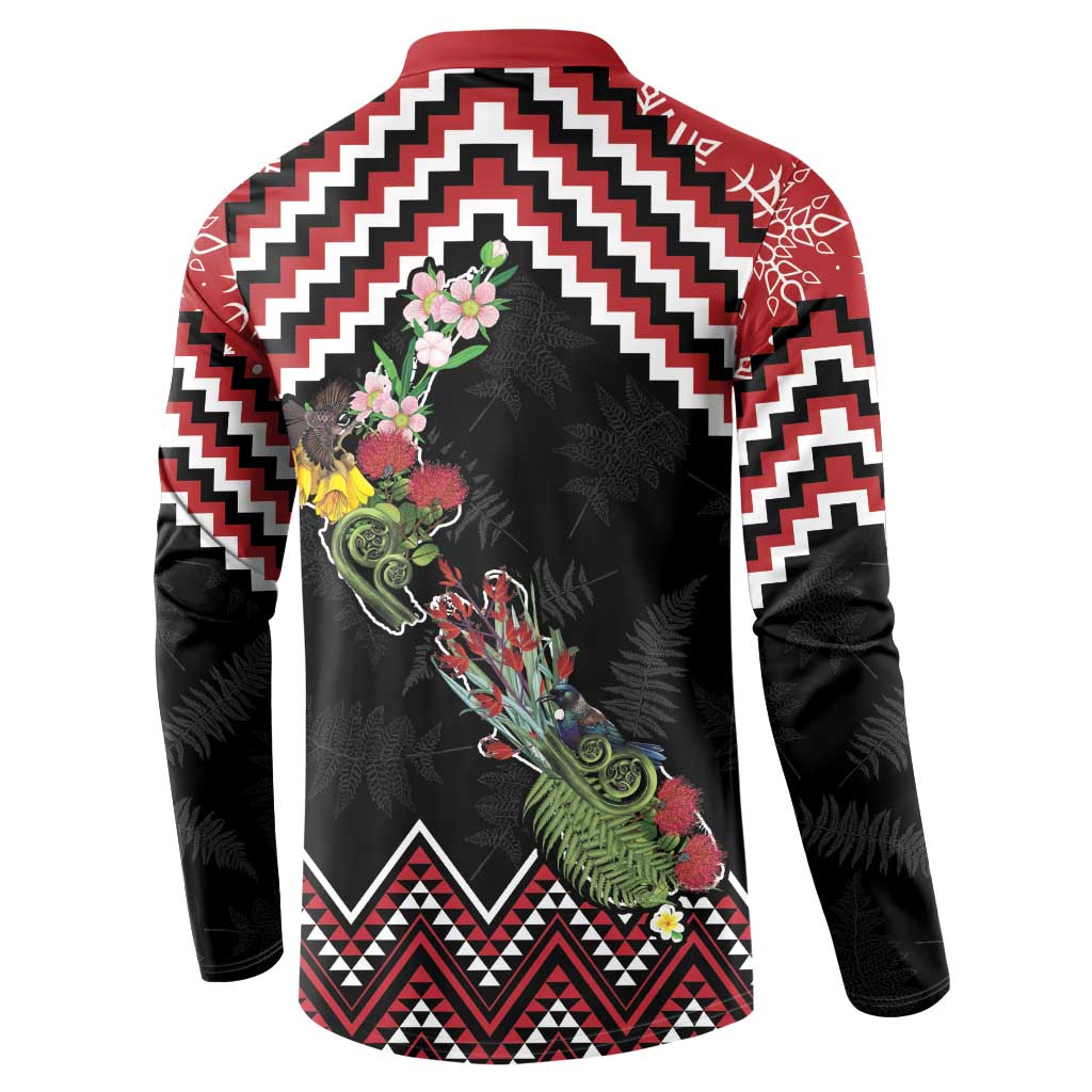 New Zealand Christmas Taniko Poutama Button Sweatshirt Flora Map with Birds - Aussie Hoodie