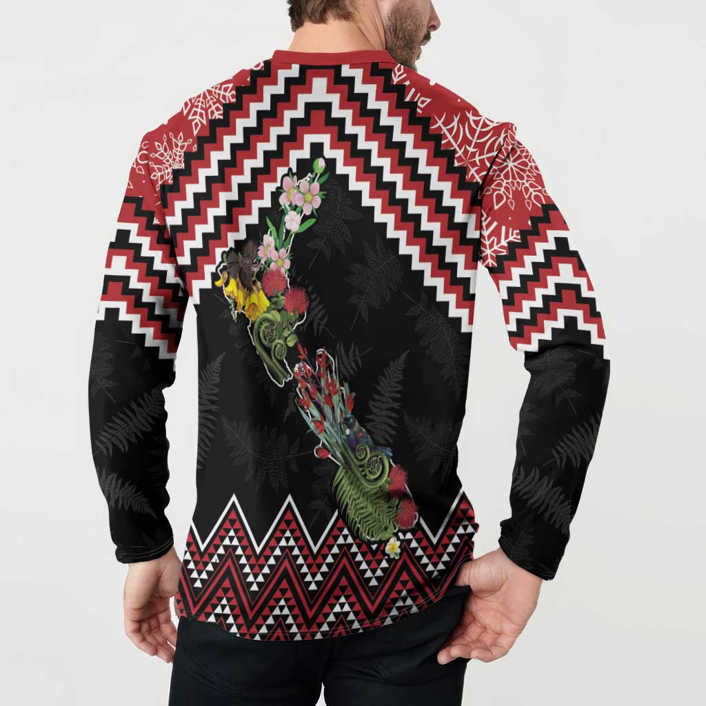 New Zealand Christmas Taniko Poutama Button Sweatshirt Flora Map with Birds - Aussie Hoodie