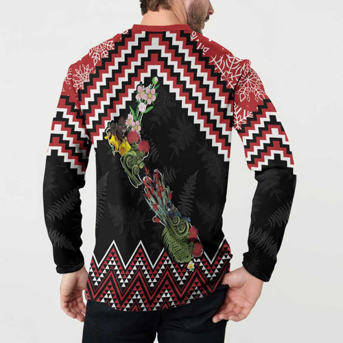 New Zealand Christmas Taniko Poutama Button Sweatshirt Flora Map with Birds - Aussie Hoodie