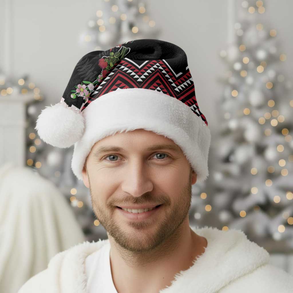 New Zealand Christmas Taniko Poutama Christmas Santa Hat Flora Map with Birds - Aussie Hoodie
