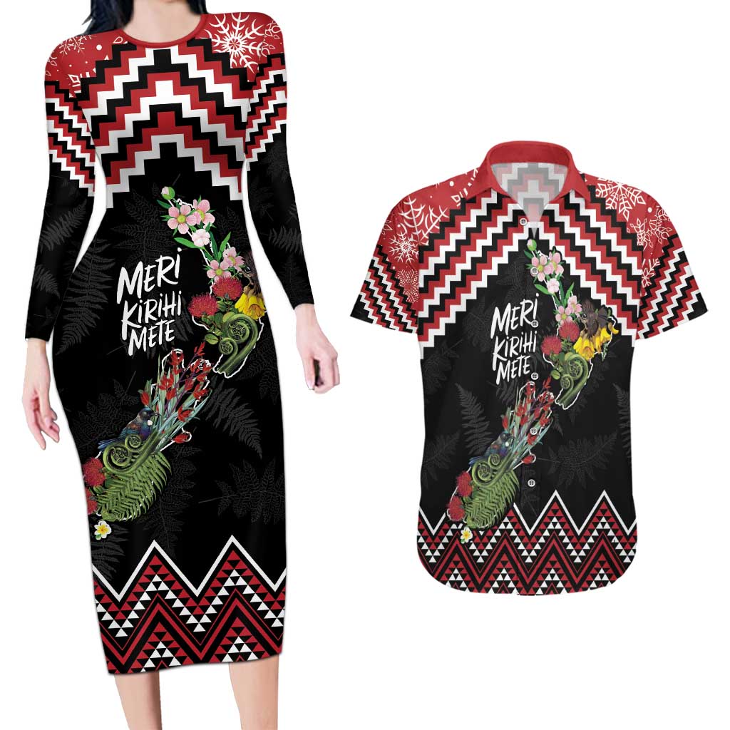 New Zealand Christmas Taniko Poutama Couples Matching Long Sleeve Bodycon Dress and Hawaiian Shirt Flora Map with Birds - Aussie Hoodie
