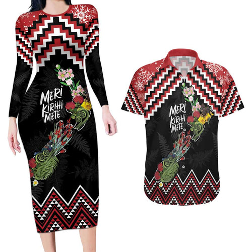 New Zealand Christmas Taniko Poutama Couples Matching Long Sleeve Bodycon Dress and Hawaiian Shirt Flora Map with Birds - Aussie Hoodie