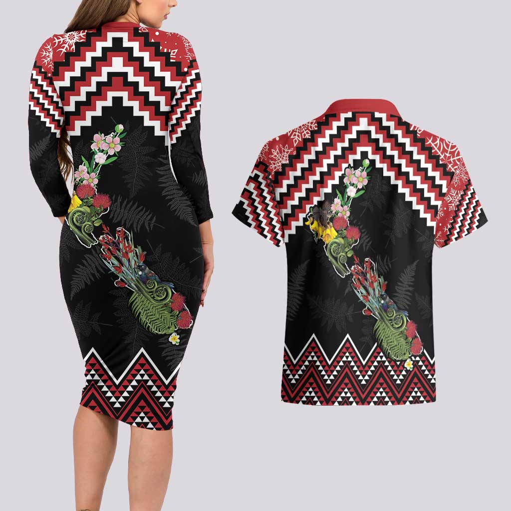 New Zealand Christmas Taniko Poutama Couples Matching Long Sleeve Bodycon Dress and Hawaiian Shirt Flora Map with Birds - Aussie Hoodie