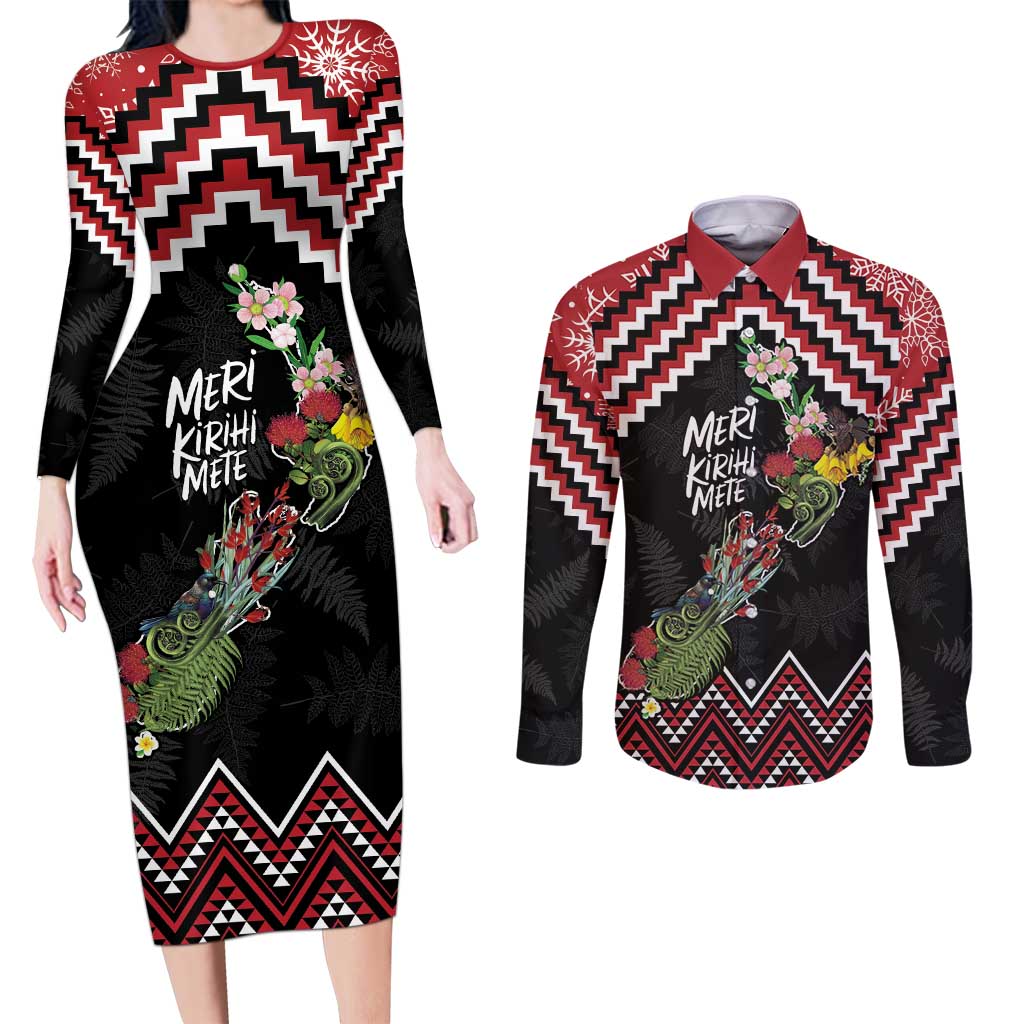 New Zealand Christmas Taniko Poutama Couples Matching Long Sleeve Bodycon Dress and Long Sleeve Button Shirt Flora Map with Birds - Aussie Hoodie