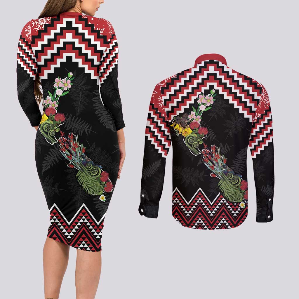 New Zealand Christmas Taniko Poutama Couples Matching Long Sleeve Bodycon Dress and Long Sleeve Button Shirt Flora Map with Birds - Aussie Hoodie