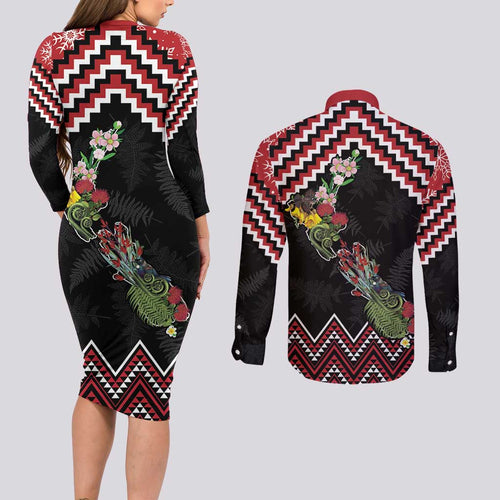New Zealand Christmas Taniko Poutama Couples Matching Long Sleeve Bodycon Dress and Long Sleeve Button Shirt Flora Map with Birds - Aussie Hoodie