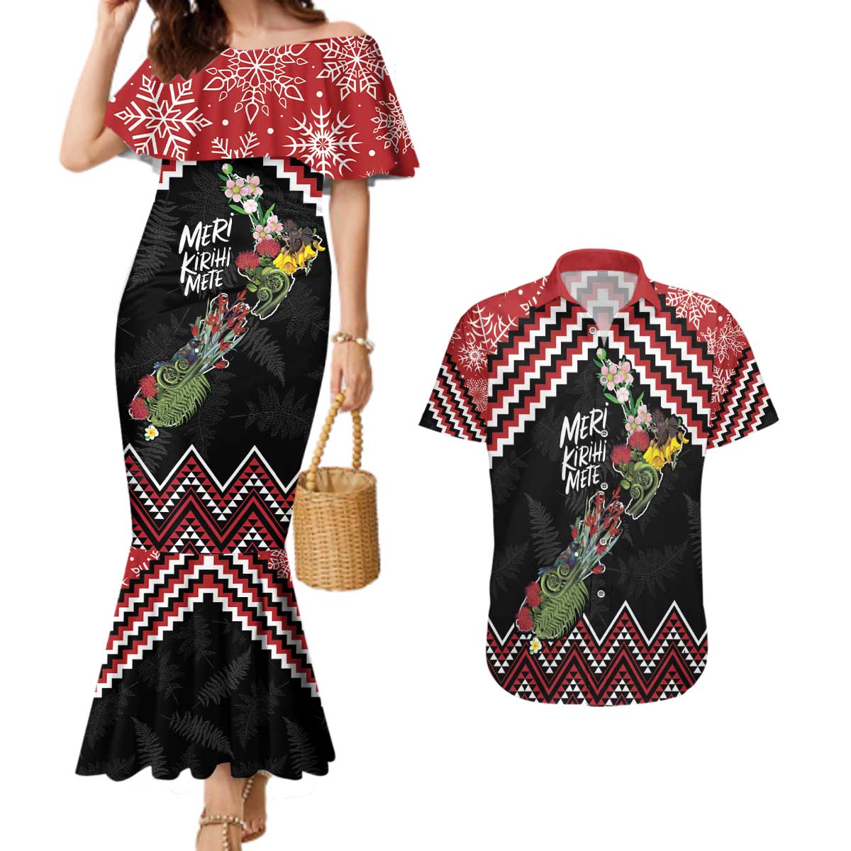 New Zealand Christmas Taniko Poutama Couples Matching Mermaid Dress and Hawaiian Shirt Flora Map with Birds - Aussie Hoodie