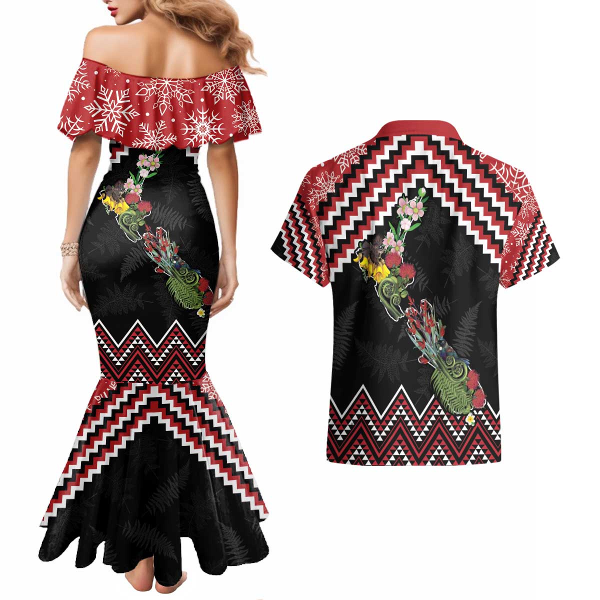 New Zealand Christmas Taniko Poutama Couples Matching Mermaid Dress and Hawaiian Shirt Flora Map with Birds - Aussie Hoodie