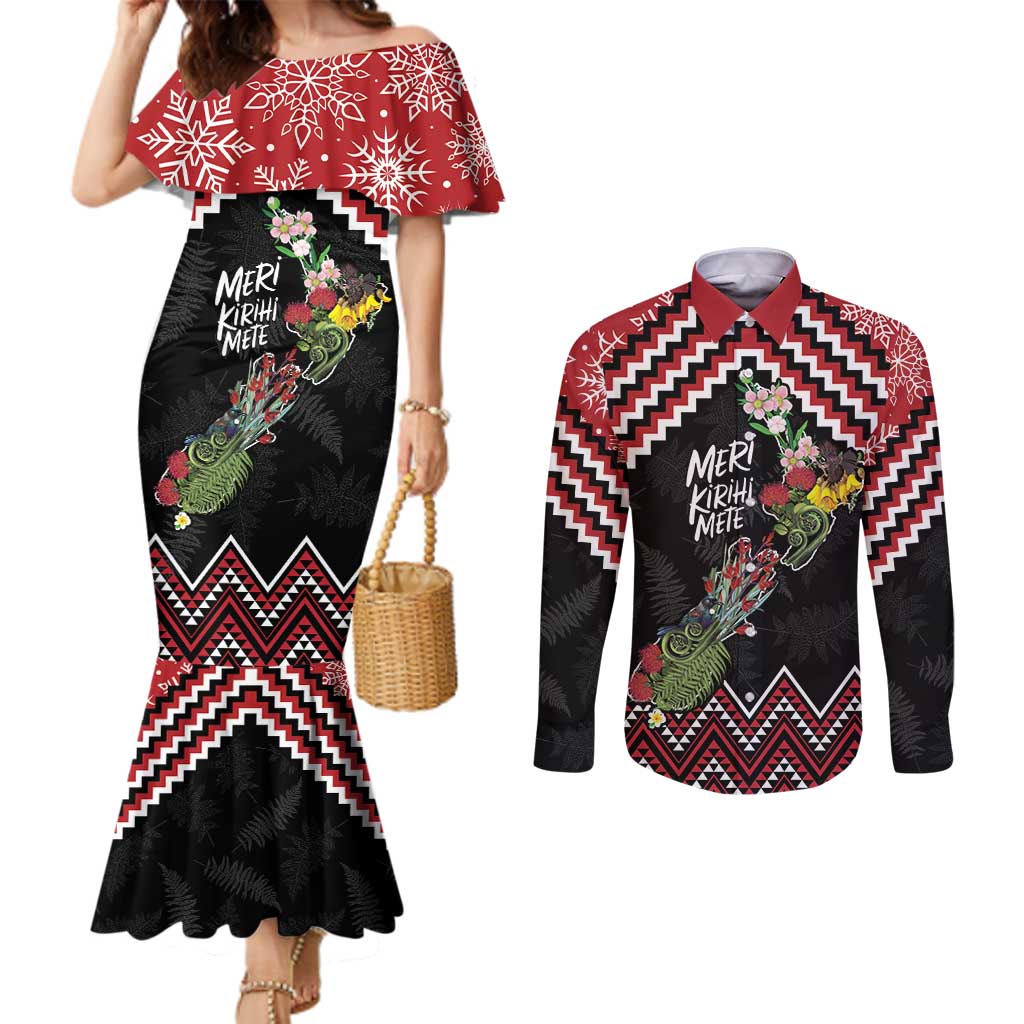 New Zealand Christmas Taniko Poutama Couples Matching Mermaid Dress and Long Sleeve Button Shirt Flora Map with Birds - Aussie Hoodie