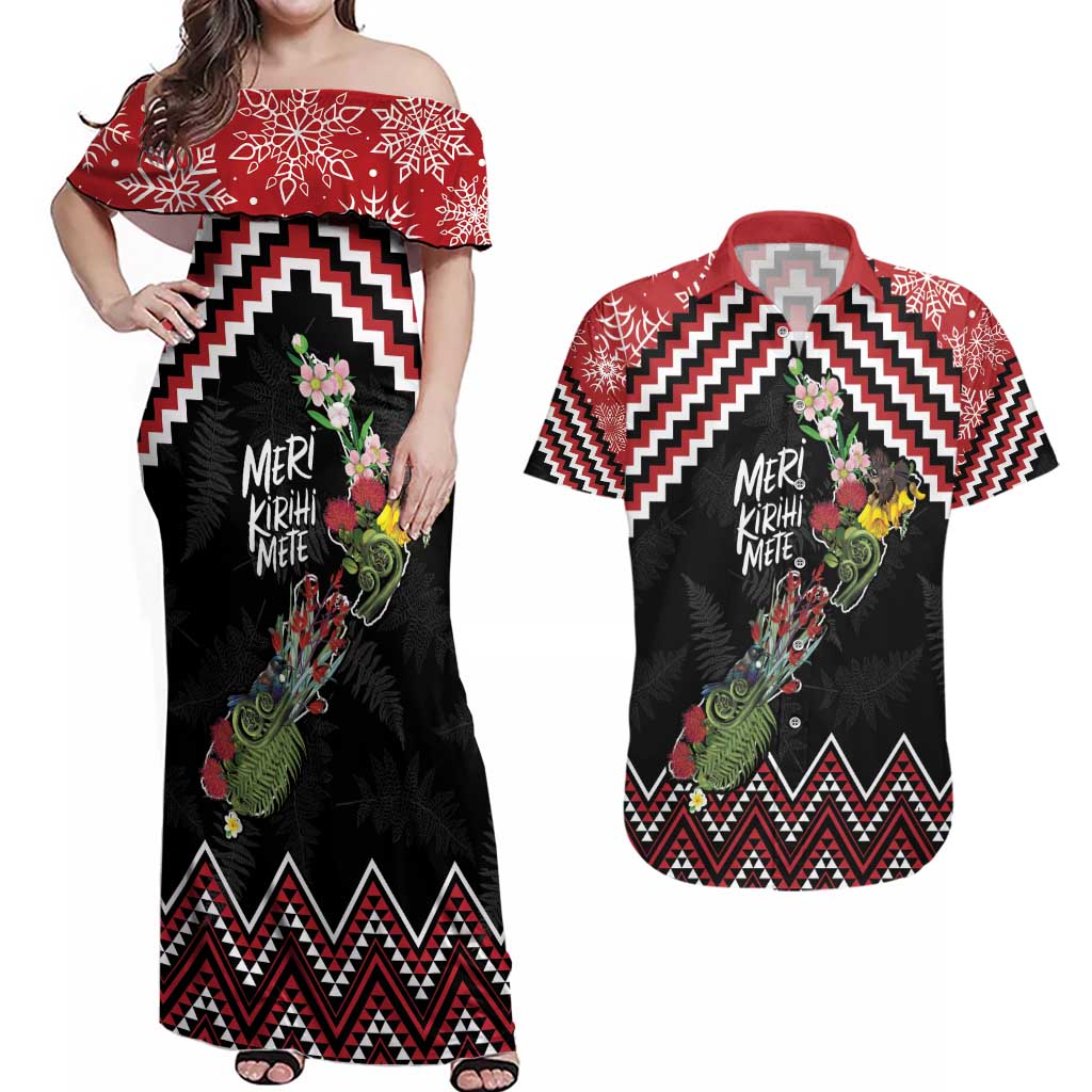 New Zealand Christmas Taniko Poutama Couples Matching Off Shoulder Maxi Dress and Hawaiian Shirt Flora Map with Birds - Aussie Hoodie