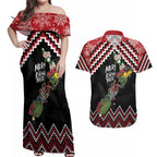 New Zealand Christmas Taniko Poutama Couples Matching Off Shoulder Maxi Dress and Hawaiian Shirt Flora Map with Birds - Aussie Hoodie