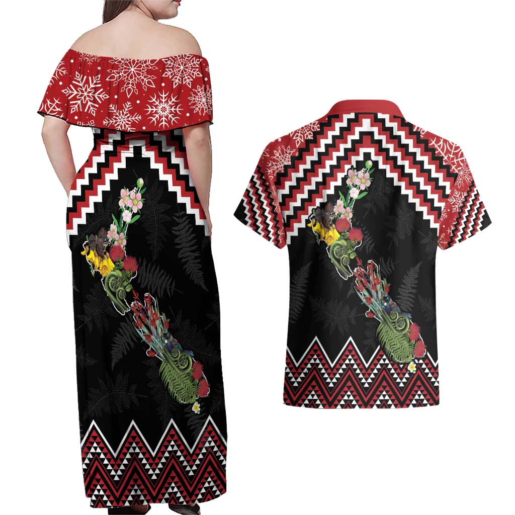 New Zealand Christmas Taniko Poutama Couples Matching Off Shoulder Maxi Dress and Hawaiian Shirt Flora Map with Birds - Aussie Hoodie