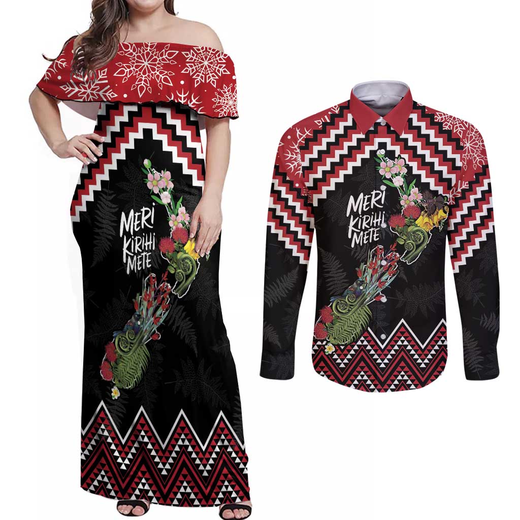 New Zealand Christmas Taniko Poutama Couples Matching Off Shoulder Maxi Dress and Long Sleeve Button Shirt Flora Map with Birds - Aussie Hoodie