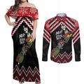 New Zealand Christmas Taniko Poutama Couples Matching Off Shoulder Maxi Dress and Long Sleeve Button Shirt Flora Map with Birds - Aussie Hoodie