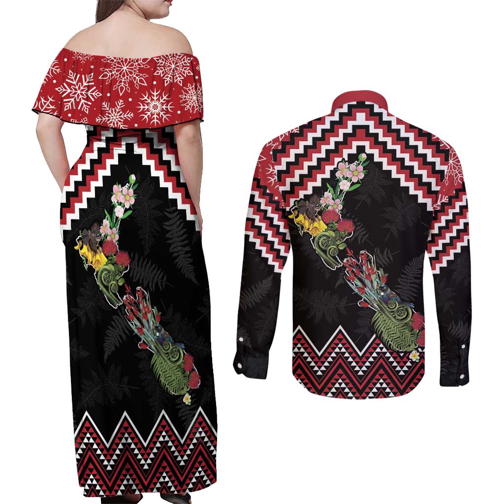 New Zealand Christmas Taniko Poutama Couples Matching Off Shoulder Maxi Dress and Long Sleeve Button Shirt Flora Map with Birds - Aussie Hoodie