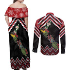 New Zealand Christmas Taniko Poutama Couples Matching Off Shoulder Maxi Dress and Long Sleeve Button Shirt Flora Map with Birds - Aussie Hoodie