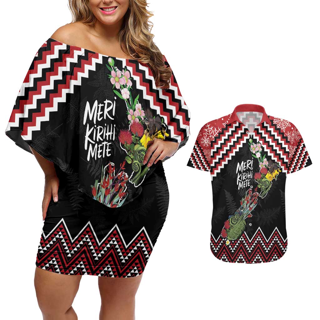 New Zealand Christmas Taniko Poutama Couples Matching Off Shoulder Short Dress and Hawaiian Shirt Flora Map with Birds - Aussie Hoodie