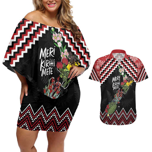 New Zealand Christmas Taniko Poutama Couples Matching Off Shoulder Short Dress and Hawaiian Shirt Flora Map with Birds - Aussie Hoodie