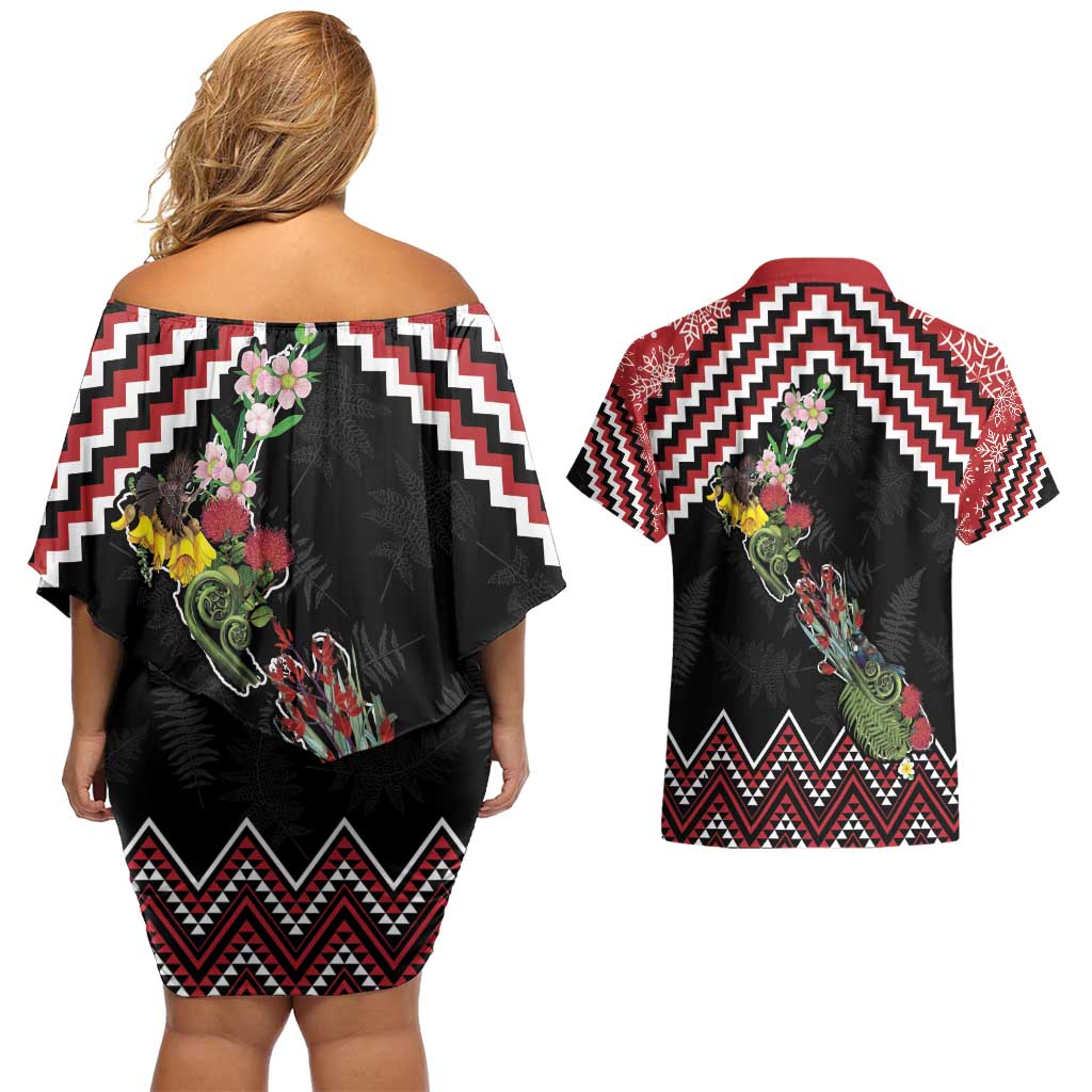 New Zealand Christmas Taniko Poutama Couples Matching Off Shoulder Short Dress and Hawaiian Shirt Flora Map with Birds - Aussie Hoodie