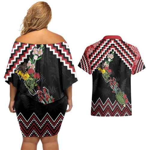 New Zealand Christmas Taniko Poutama Couples Matching Off Shoulder Short Dress and Hawaiian Shirt Flora Map with Birds - Aussie Hoodie