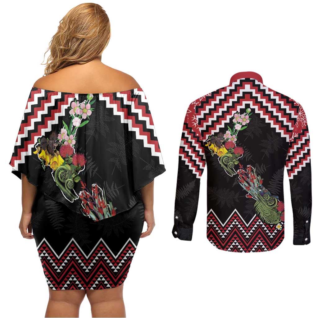 New Zealand Christmas Taniko Poutama Couples Matching Off Shoulder Short Dress and Long Sleeve Button Shirt Flora Map with Birds - Aussie Hoodie
