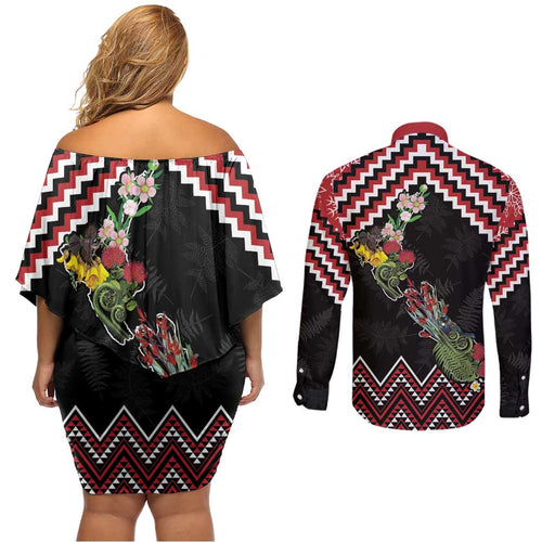 New Zealand Christmas Taniko Poutama Couples Matching Off Shoulder Short Dress and Long Sleeve Button Shirt Flora Map with Birds - Aussie Hoodie