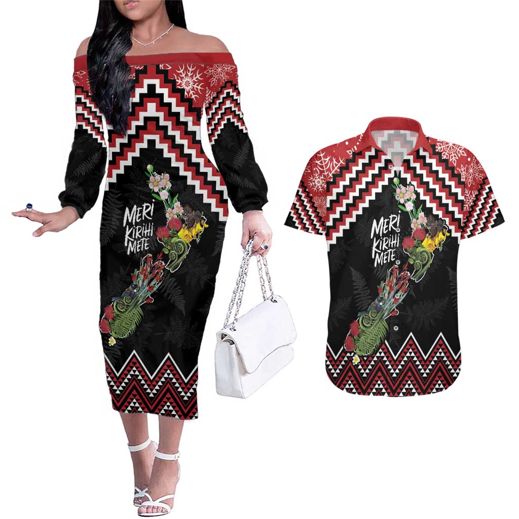 New Zealand Christmas Taniko Poutama Couples Matching Off The Shoulder Long Sleeve Dress and Hawaiian Shirt Flora Map with Birds - Aussie Hoodie