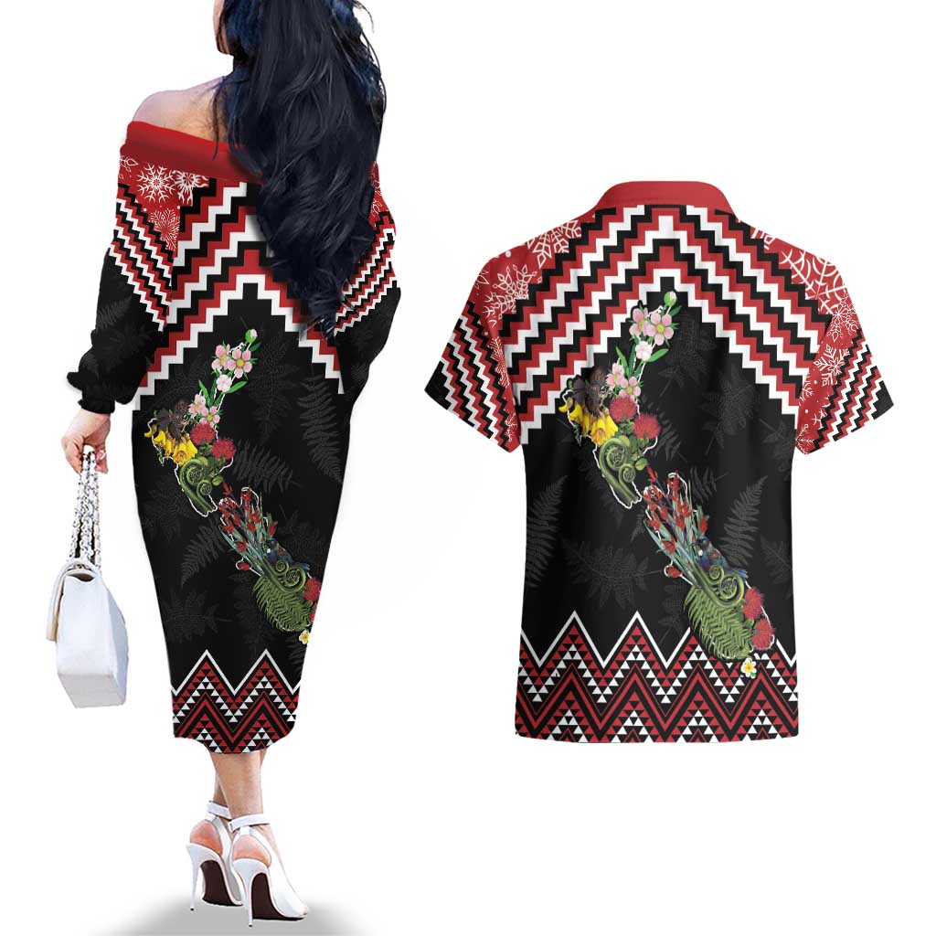 New Zealand Christmas Taniko Poutama Couples Matching Off The Shoulder Long Sleeve Dress and Hawaiian Shirt Flora Map with Birds - Aussie Hoodie
