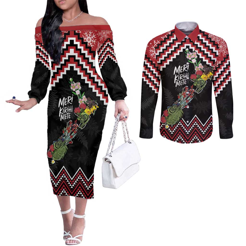 New Zealand Christmas Taniko Poutama Couples Matching Off The Shoulder Long Sleeve Dress and Long Sleeve Button Shirt Flora Map with Birds - Aussie Hoodie