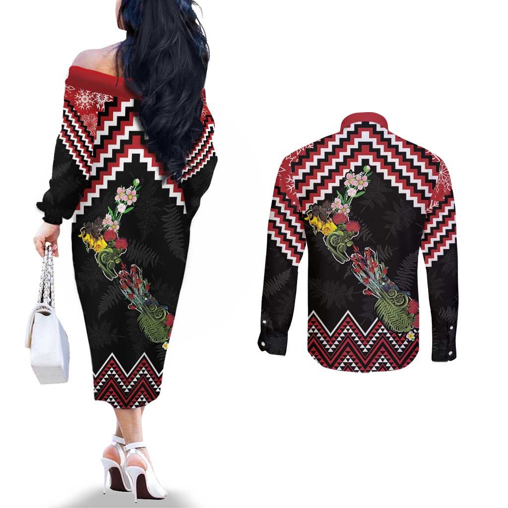 New Zealand Christmas Taniko Poutama Couples Matching Off The Shoulder Long Sleeve Dress and Long Sleeve Button Shirt Flora Map with Birds - Aussie Hoodie