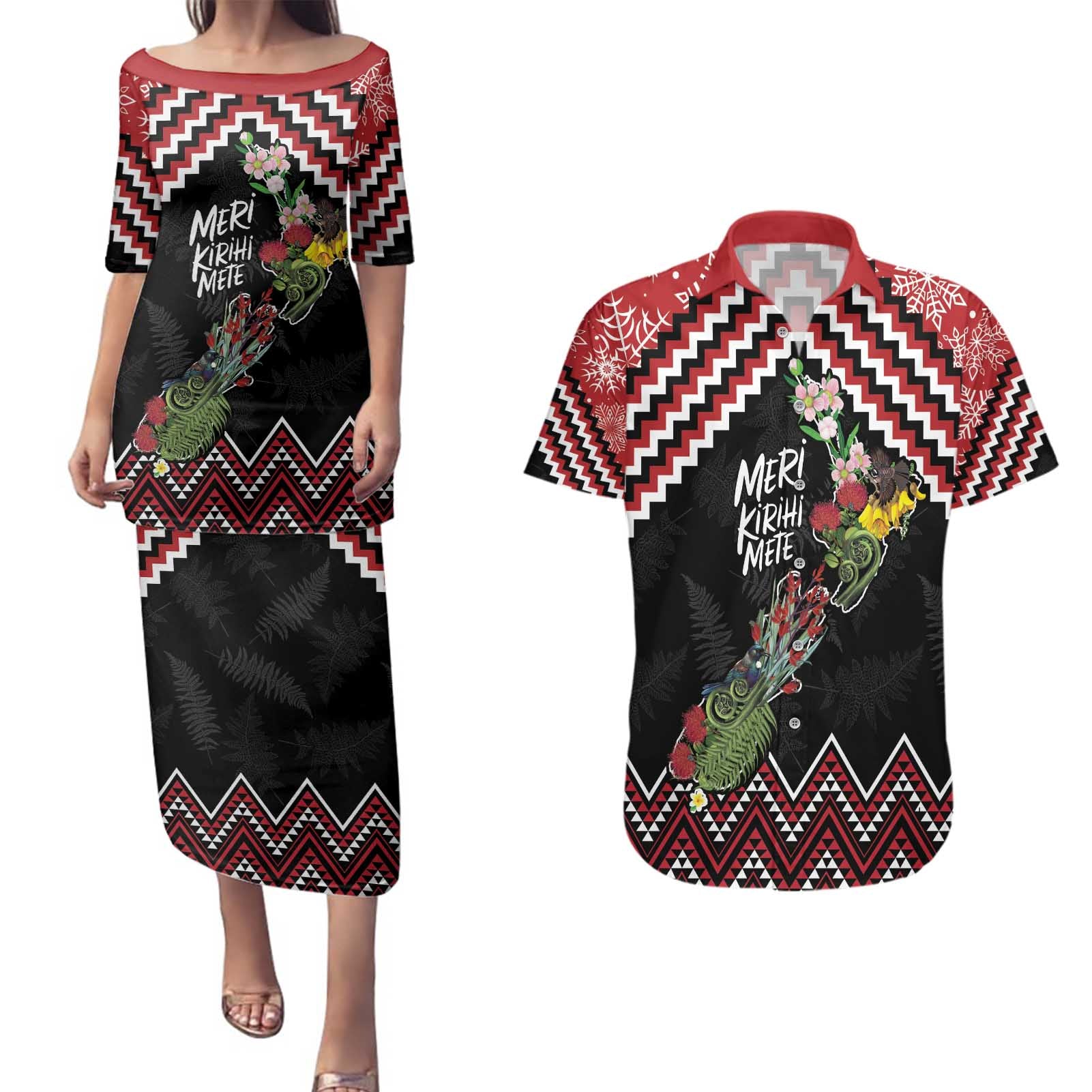 New Zealand Christmas Taniko Poutama Couples Matching Puletasi and Hawaiian Shirt Flora Map with Birds - Aussie Hoodie