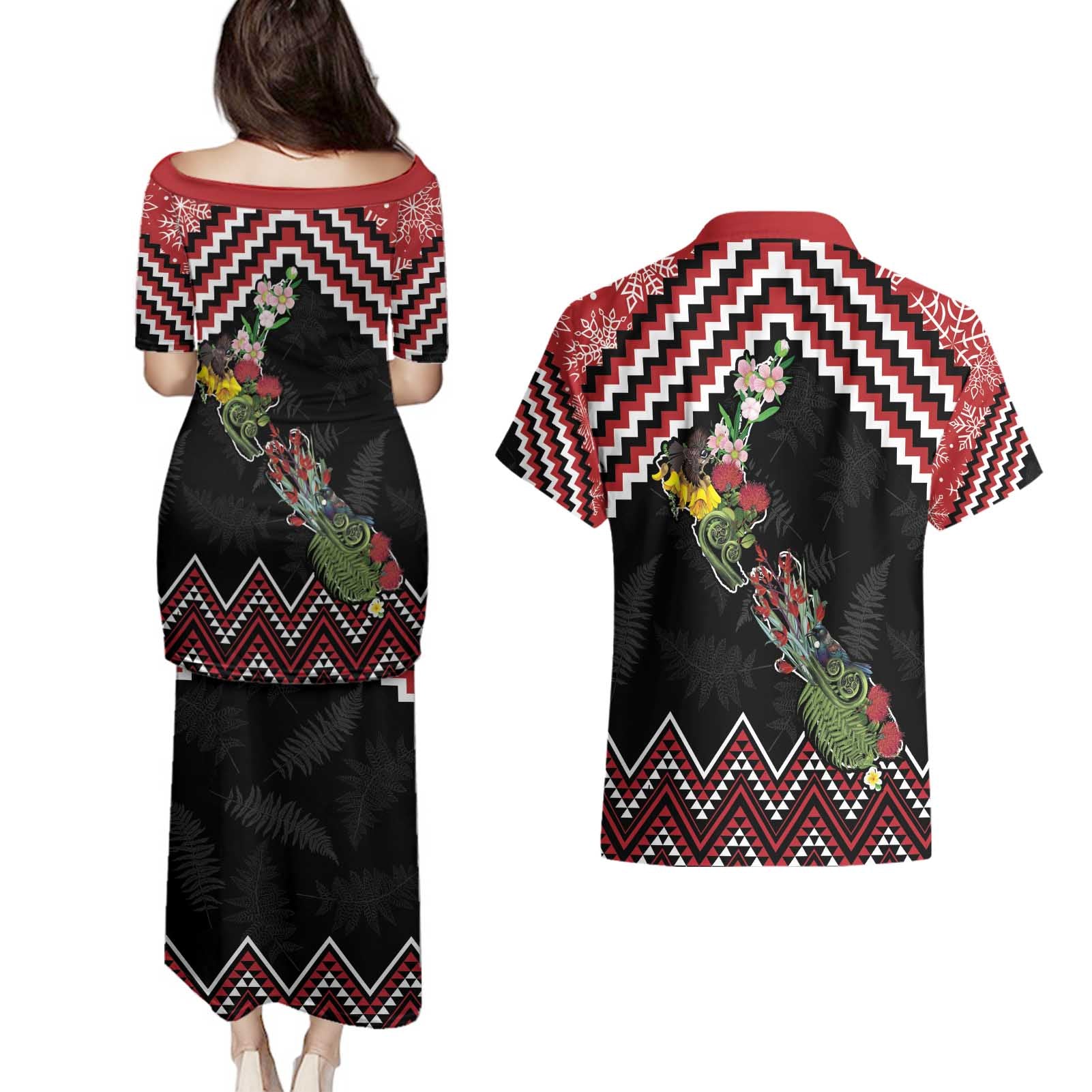 New Zealand Christmas Taniko Poutama Couples Matching Puletasi and Hawaiian Shirt Flora Map with Birds - Aussie Hoodie