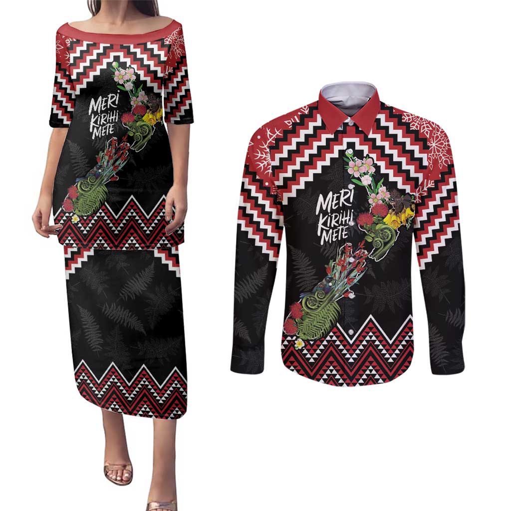 New Zealand Christmas Taniko Poutama Couples Matching Puletasi and Long Sleeve Button Shirt Flora Map with Birds - Aussie Hoodie