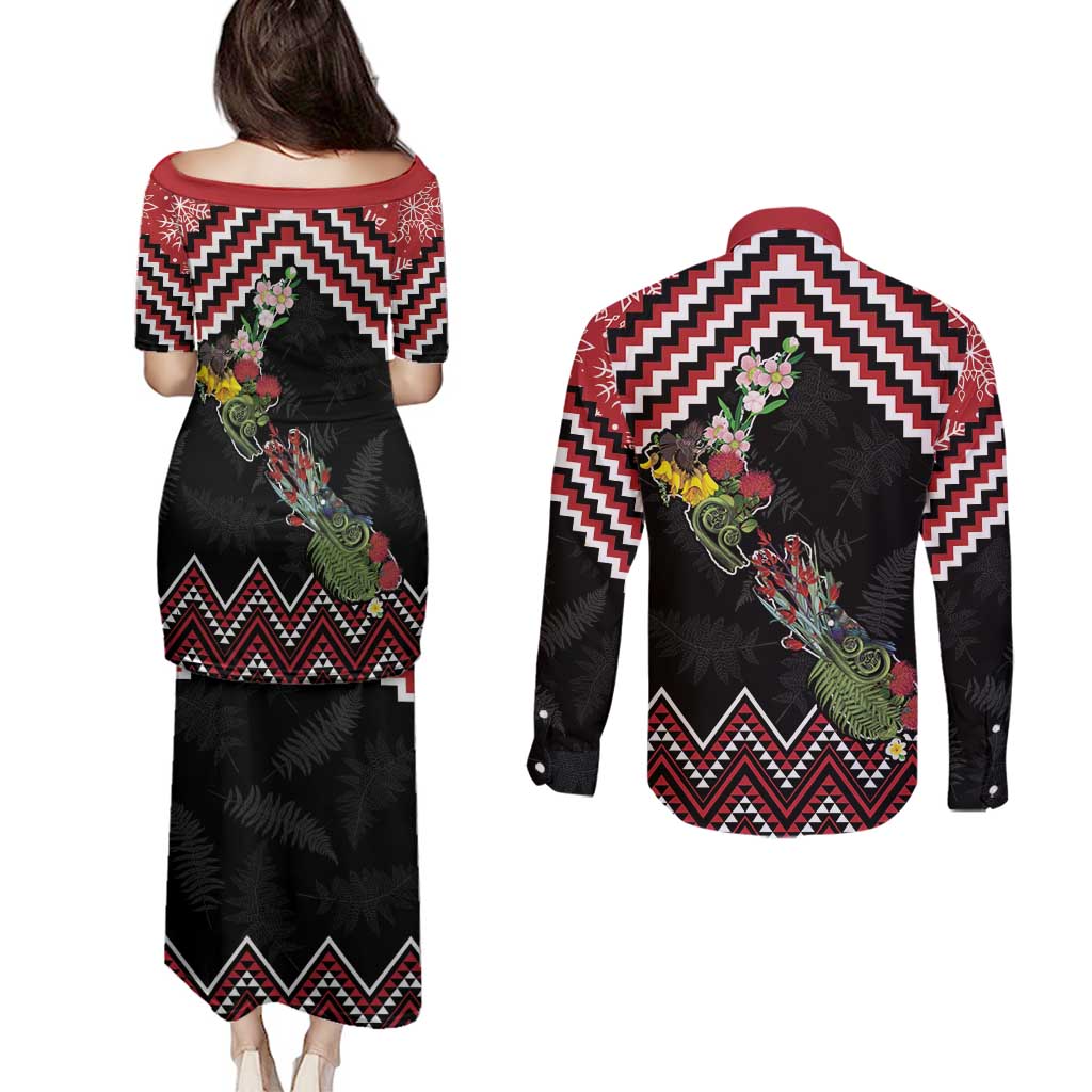New Zealand Christmas Taniko Poutama Couples Matching Puletasi and Long Sleeve Button Shirt Flora Map with Birds - Aussie Hoodie