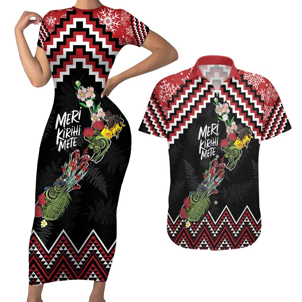 New Zealand Christmas Taniko Poutama Couples Matching Short Sleeve Bodycon Dress and Hawaiian Shirt Flora Map with Birds - Aussie Hoodie