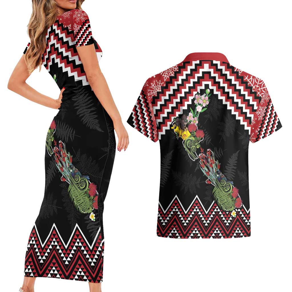 New Zealand Christmas Taniko Poutama Couples Matching Short Sleeve Bodycon Dress and Hawaiian Shirt Flora Map with Birds - Aussie Hoodie