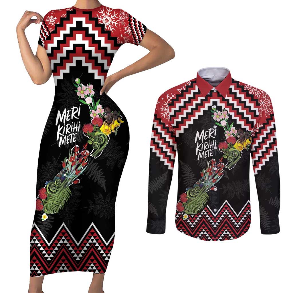New Zealand Christmas Taniko Poutama Couples Matching Short Sleeve Bodycon Dress and Long Sleeve Button Shirt Flora Map with Birds - Aussie Hoodie